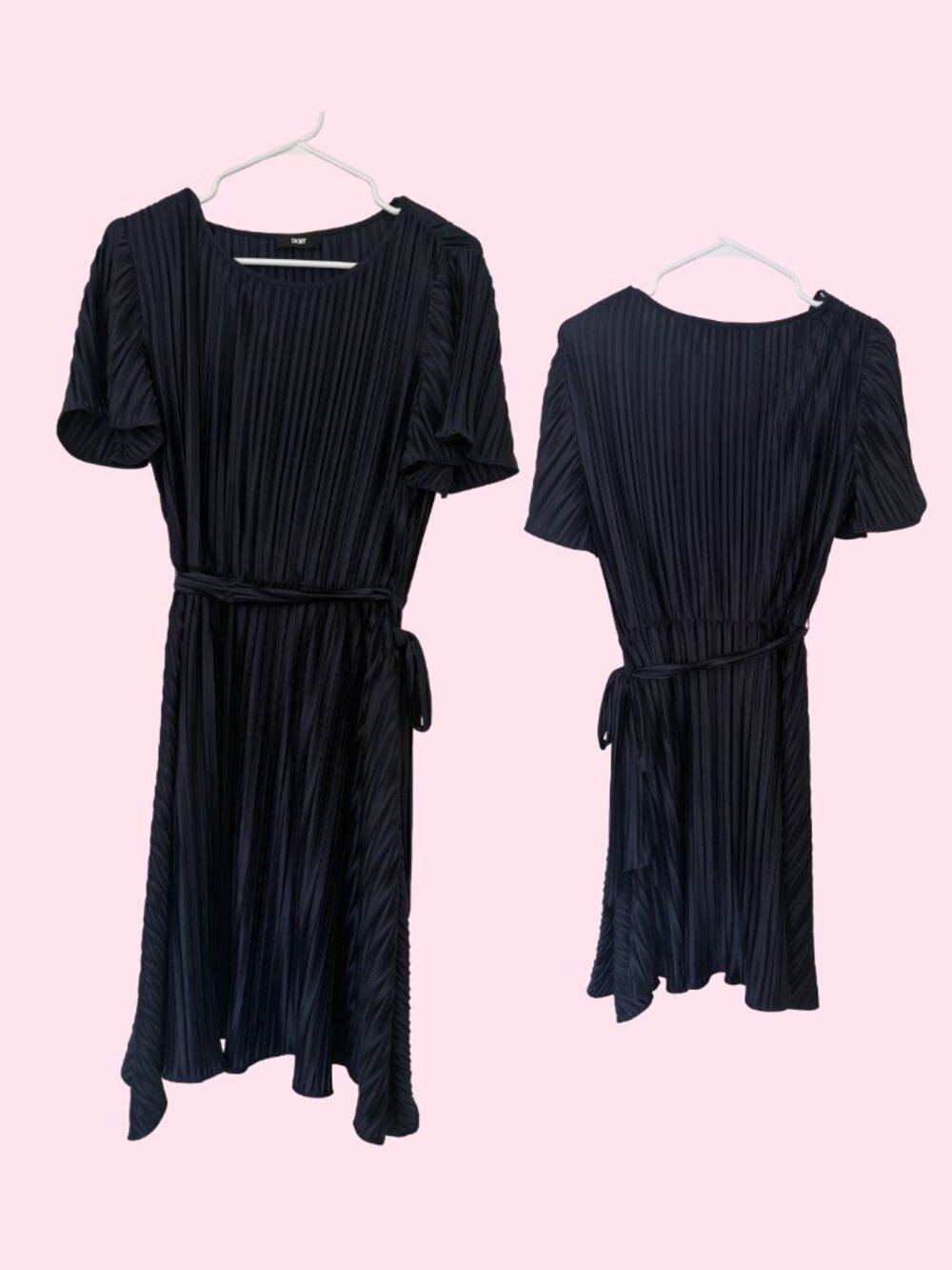 DKNY Women's Faux Wrap Pleated Belted Mini Dress, Flutter Sleeve, Navy, Size M